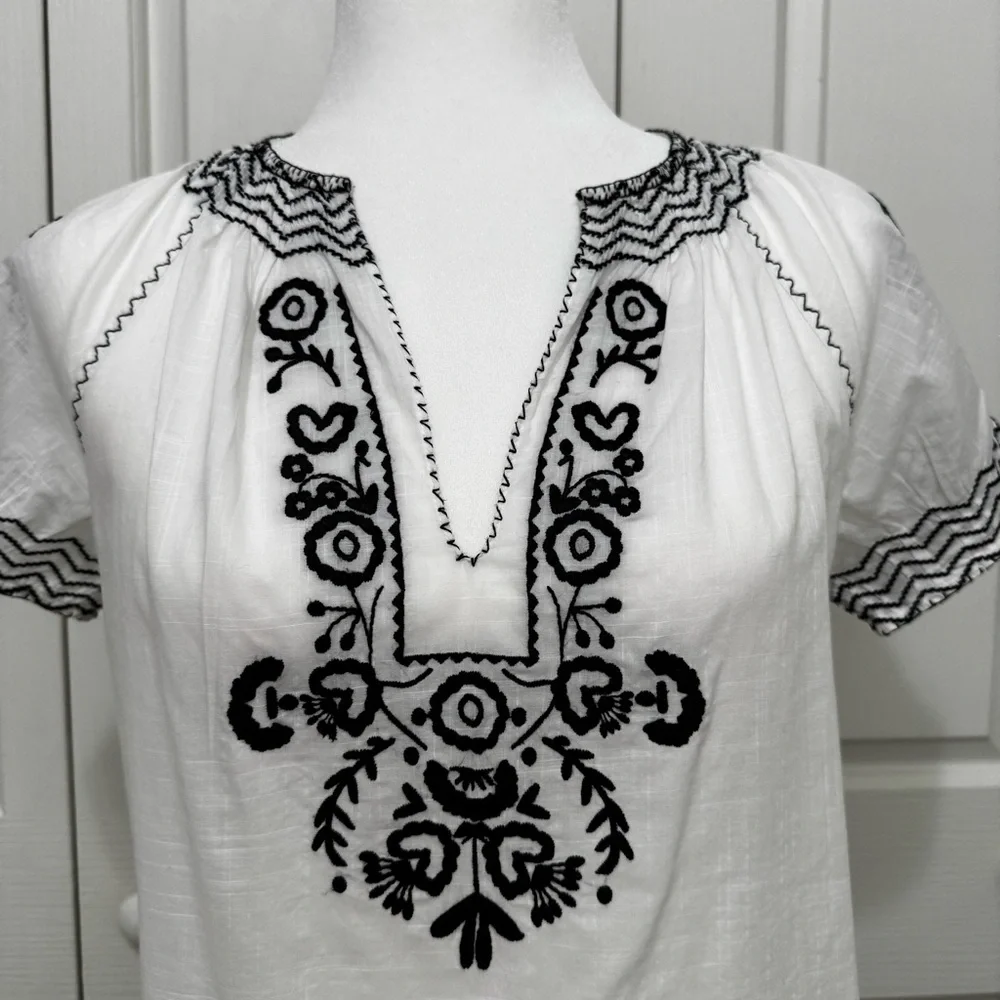 J.Crew White Cotton Gauze Black Embroidered V-Neck Puff Sleeve Top 0